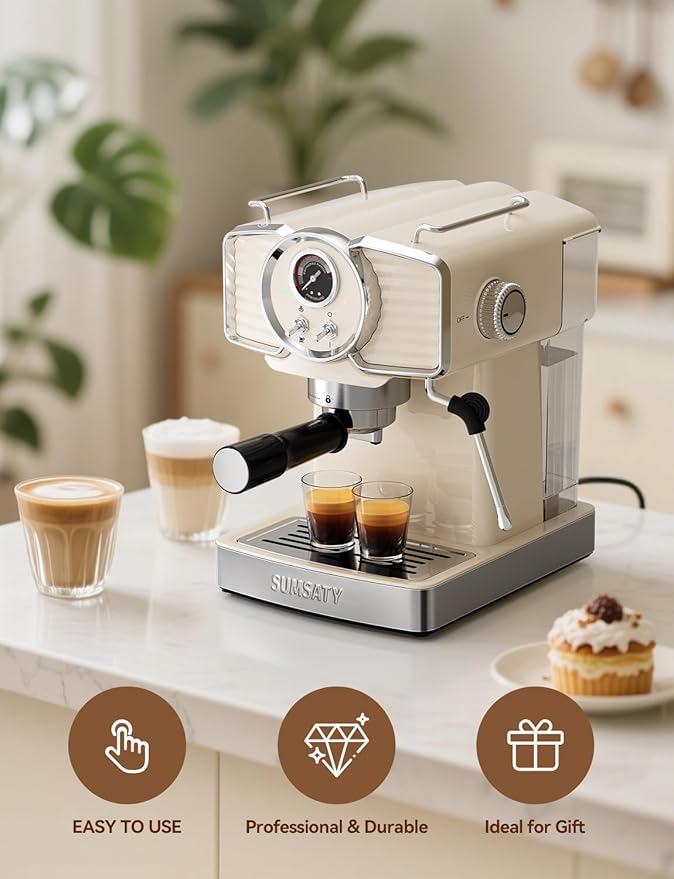 Espresso Machine 20 Bar, Professional Espresso Maker with Milk Frother Steamer Wand, Espresso Coffee Machine Off-white, Cappuccino & Latte Machine for Home, Retro, 1.8L Removable Water Tank