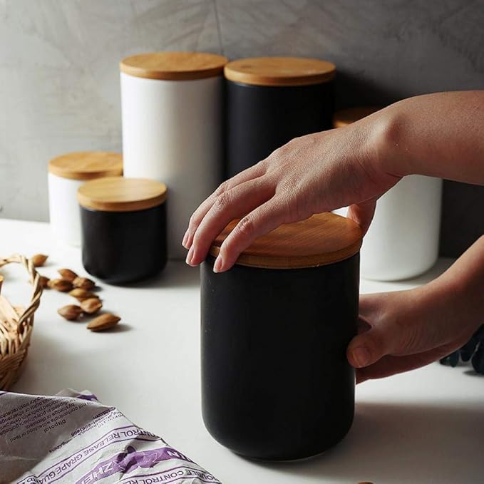 MilkyWay Food Storage Jar Strong Ceramic Storage Canisters with Airtight Seal Bamboo Lid Modern Design Seal Damp-Proof Kitchen Jar for Coffee, Tea, Spice and More (Black(S: 8.7oz/260ml))