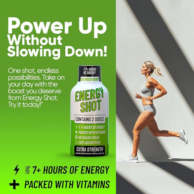 B12 Mixed Berry Extra Strength Energy Shot 8 pk – 260mg Natural Caffeine B12 B6 – Energy & Vitality Support – 2 Servings Sugar Free Zero Calorie Green Tea B-Vitamins Electrolytes Vegan – 1.93 fl oz