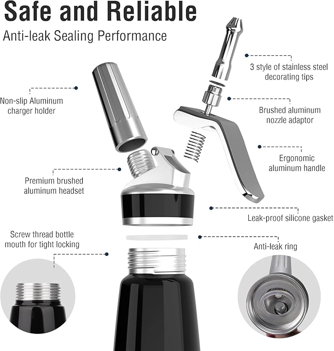 Whipped Cream Dispenser,Aluminum 500ml Whipped Cream Maker,3 Decorating Nozzles,1 Brush,1 Storage Bag,withou N2O Charger,Black