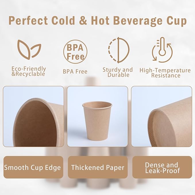 Lamosi 200 Pack 10 oz Kraft Paper Cups, Brown Disposable Paper Coffee Cups, Unbleached Cups for Hot/Cold Beverage Party Home Office