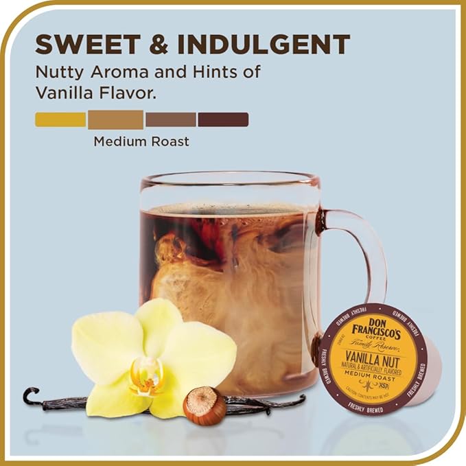 Don Francisco's Vanilla Nut Flavored Coffee - 100 K-Cup Compatible Single-Serve Pods - 100% Arabica - Smooth, Rich Flavor and Nutty Notes - Compatible with Keurig Brewers