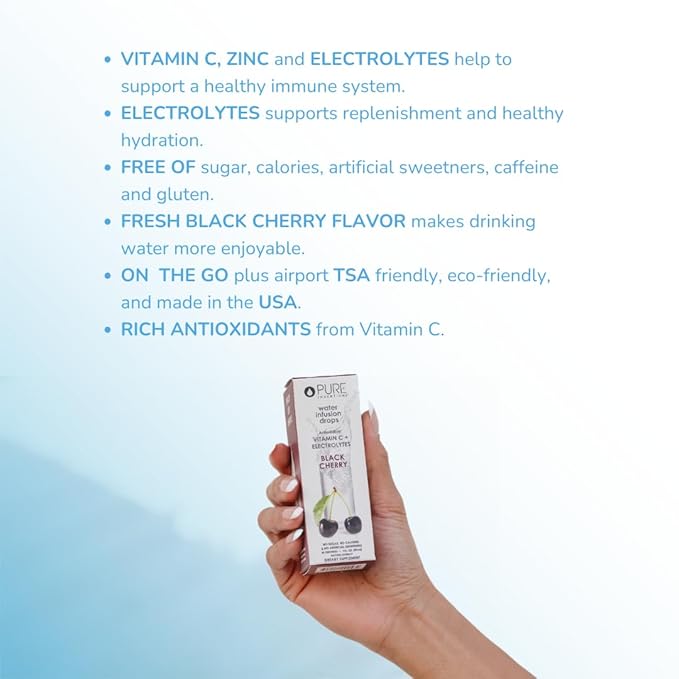 Pure Inventions - Black Cherry Water Infusion Drops - Antioxidants, Vitamin C & Electrolytes -Health & Wellness Drink -Immunity Support -Sugar Free, Zero Calorie, No Artificial Sweeteners -12 Servings