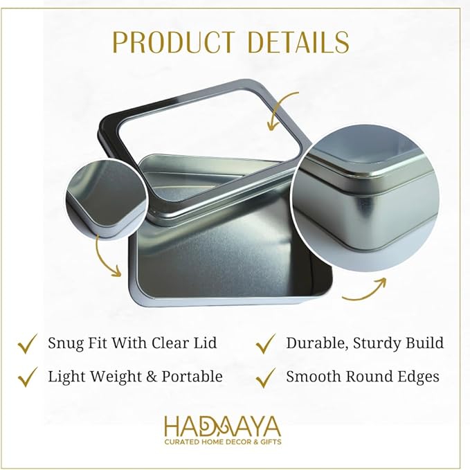 Silver Rectangular Tin Container With Clear Lid, Single Piece Multipurpose Tin, Festive Tin Box for Gift Giving, Cookies, Stationery & More - 7.25 x 5.25 x 2.25 Inches
