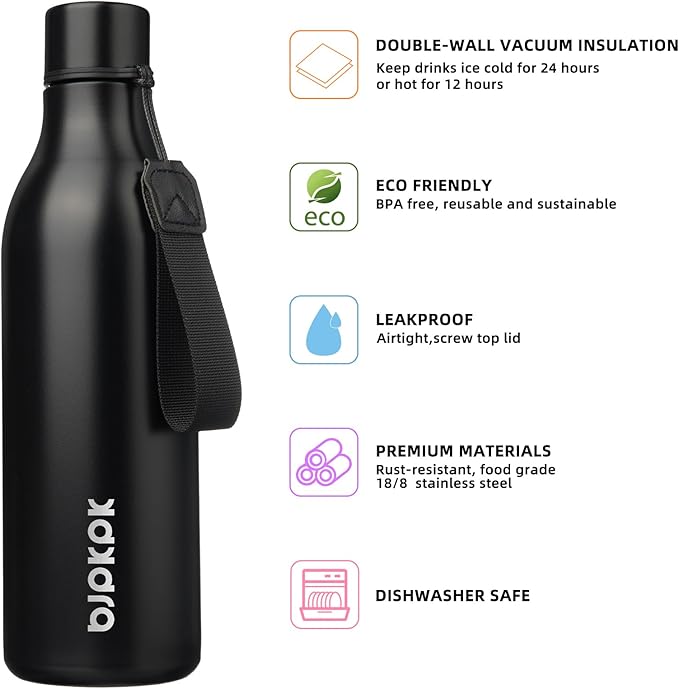 BJPKPK Insulated Water Bottles, 25 oz Stainless Steel Metal Water Bottle with Strap, BPA Free Leak Proof Thermos, Mugs, Flasks, Reusable Water Bottle for Sports & Travel, Black