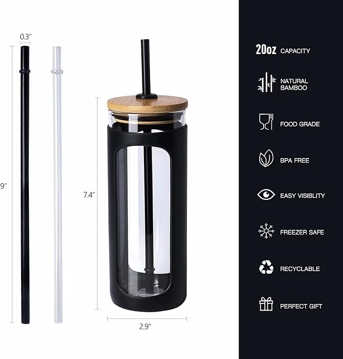 Kodrine 20oz Glass Tumbler with Straw and Lid, Bamboo Lids Water Bottle, Reusable Iced Coffee Cups, Wide Mouth Smoothie Cup with Protective Silicone Sleeve BPA FREE-Black+Amber-2pack