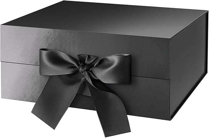 HAPPY POTATO Black Gift Box with Lid and Ribbon 9x6.5x3.8 Inches, Groomsman Proposal Boxes, Magnetic Gift Box for Presents (Glossy Black)