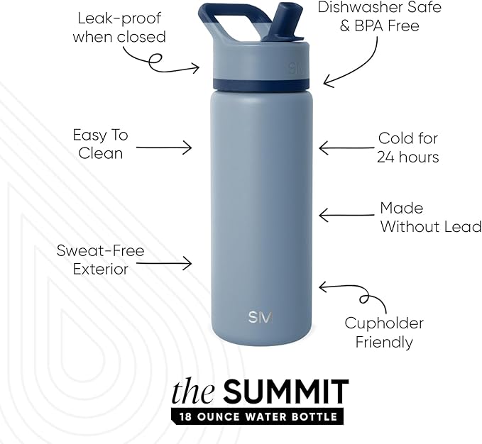 Simple Modern Kids Water Bottle with Straw Lid | Vacuum Insulated Stainless Steel Metal | Reusable Leak Proof BPA-Free Thermos for School | Summit Collection | 18oz, Blue Dune