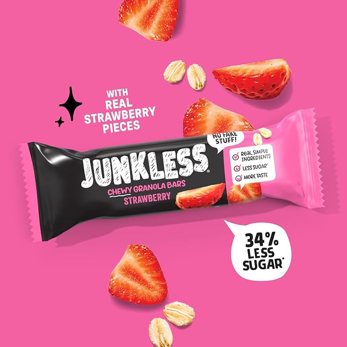 JUNKLESS Chewy Granola Bar 4‑Flavor Variety Pack (24 Bars)–Non‑GMO, Gluten‑Free, Less Sugar Snack Bars— Chocolate Chip, Peanut Butter Chocolate Chip, Cinnamon Roll & Real Strawberry, 4 Boxes