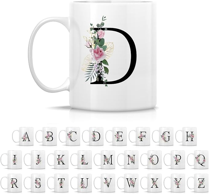 Retreez Initial A-Z Floral Botanical Bouquet Alphabet Monogrammed Monogram Mug 11 Oz Ceramic Tea Coffee Mugs - Appreciation Thank You Wedding Birthday Gifts for her friend coworker sister - D Initial