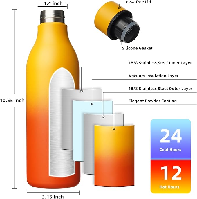 BJPKPK Insulated Water Bottles, 25 oz Stainless Steel Metal Water Bottle with Strap, BPA Free Leak Proof Thermos, Mugs, Flasks, Reusable Water Bottle for Sports & Travel, Sunset Orange