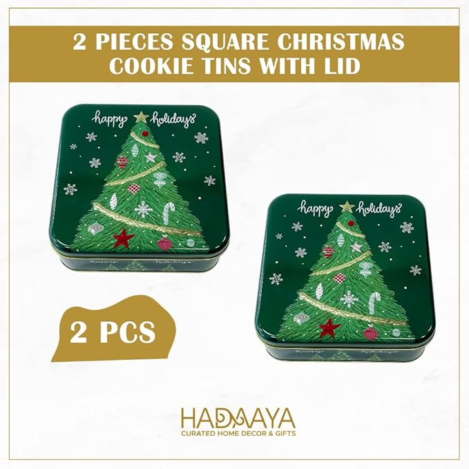 Pack of 2 Square Metal Christmas Cookie Tins With Lids, Elegant Green & Gold Festive Tins, Multipurpose Tins For Gift Giving, Durable & Stylish Storage Solution For Cake, Candy & More