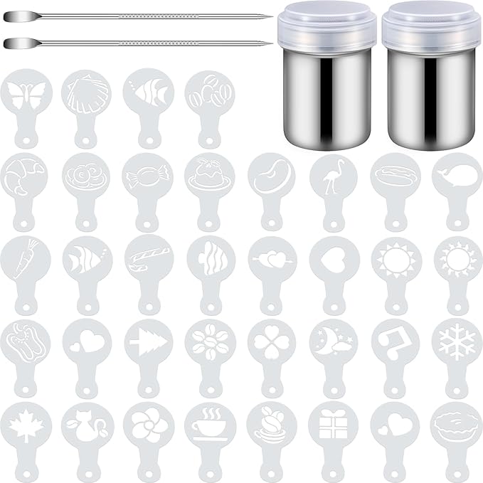 72 Pieces Coffee Decoration Stencils Latte Art Template Coffee Mold Tool with 2 Latte Art Pen 2 Dusting Jars Mesh Powder Shaker for Cake Cookie Decorating Oatmeal Cappuccino Hot Chocolate