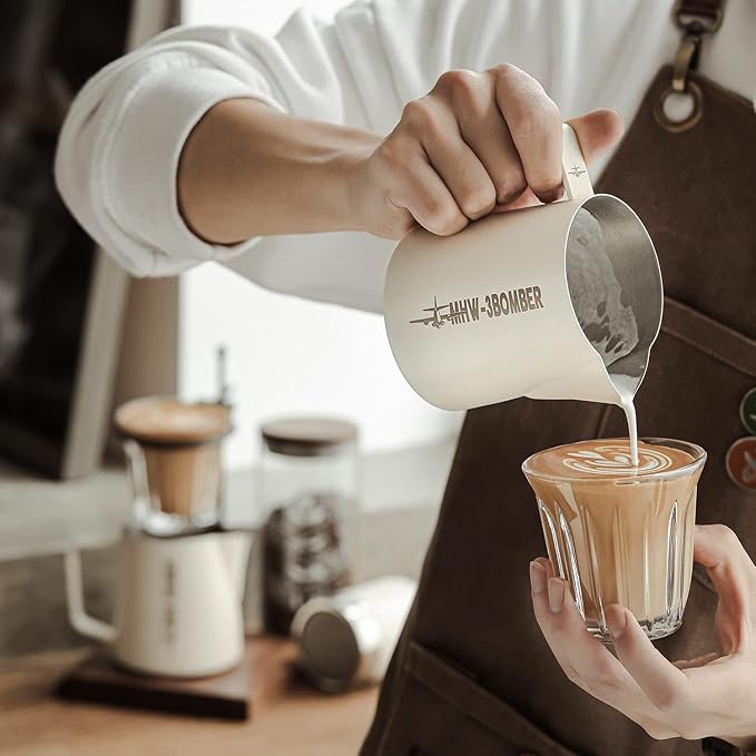 MHW-3BOMBER Latte Art Pitcher Stainless Steel Milk Frothing Pitcher Steamed Espresso Cup Barista Pitcher (Cream White, 16.9oz/500ml) P5020W-OS