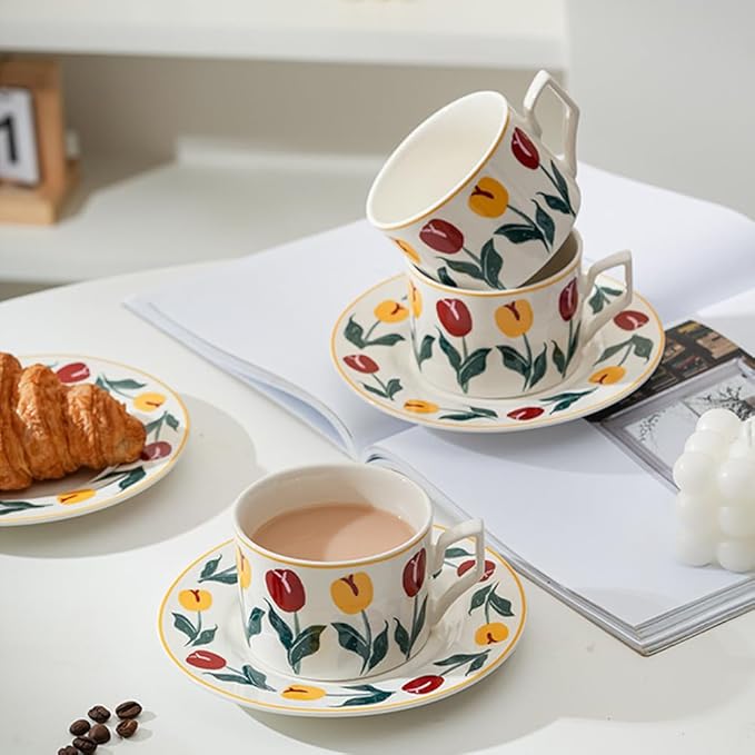 Ceramic Coffee Cup with Saucer, 8.5oz Floral Porcelain Tea Cup with Premium Gold Spoon and Gift Box, Dishwasher and Microwave Safe, Cup Mug for Coffee Cappuccino Espresso Latte