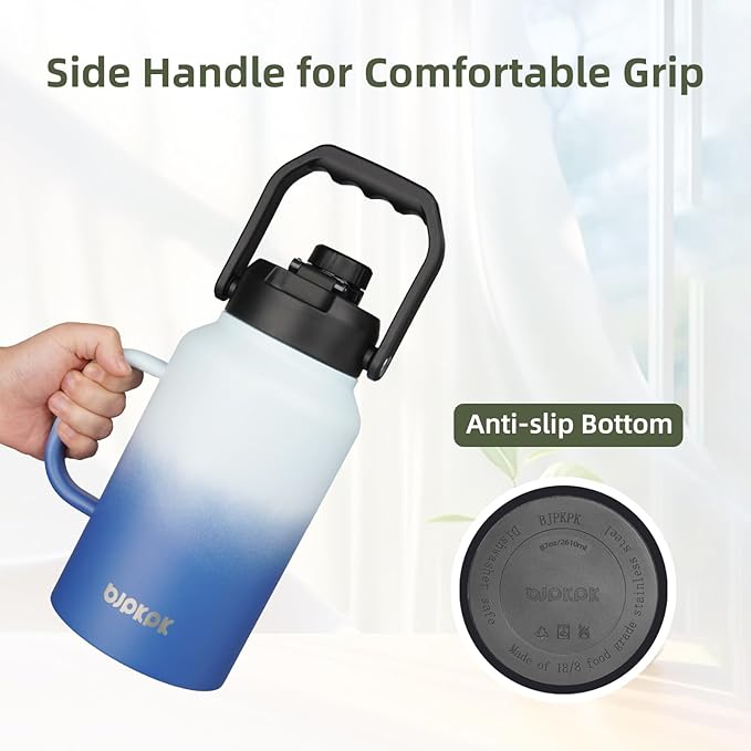 BJPKPK 87oz Insulated Water Bottle with Handle, Large Dishwasher Safe 2/3 Gallon Water Bottle, BPA Free Water Jug, Wide Mouth Metal Water Bottle with Anti-slip Bottom, Keep Cold & Hot,Blue & Black