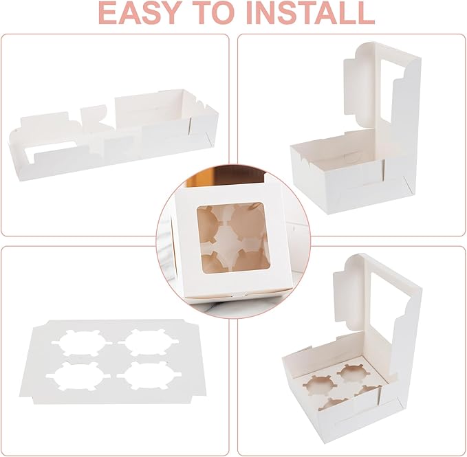 OAMCEG 50 PCS White Cupcake Boxes with Window and Insert, 6x6x3 Inch Kraft Treat Boxes with 4 Cavity for Cookies, Pastries, Desserts, with Stickers & Jute Twine