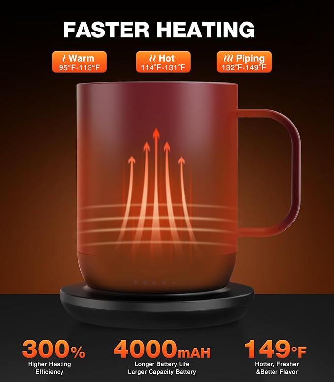 Heated Coffee Mug T1-14oz Fast Heating & Longer Battery Life Self Heating Coffee Mug Hot to 149℉ - Touch & App Controlled Mug Coffee and Hot Beverage Warmer, Gifts for Women and Men