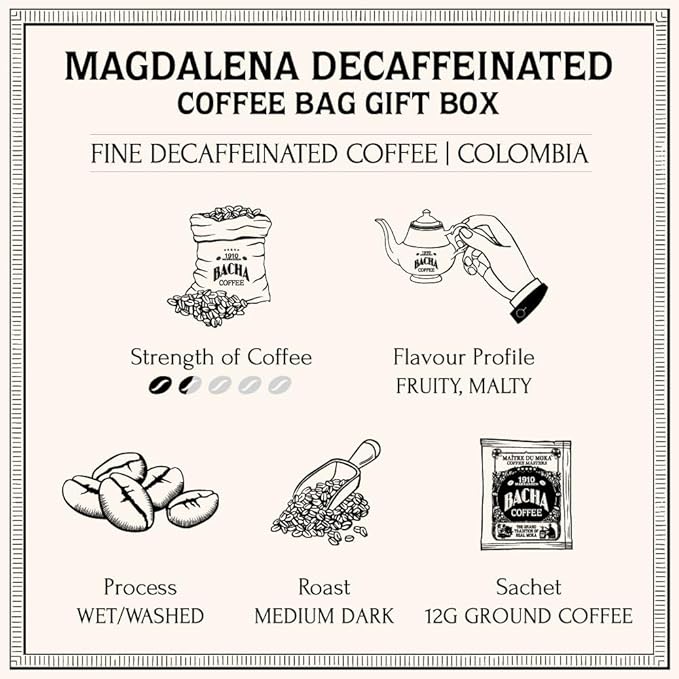 Bacha Coffee | Magdalena Decaf Colombia Single Origin, Medium Dark Roast, 100% Arabica Specialty Coffee, 12 Coffee Drip Bags, Gift Box