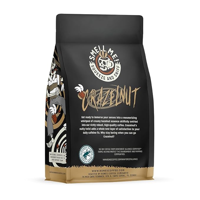 Bones Coffee Company Crazelnut, Hazelnut Flavored Coffee, Medium Roast Low Acid Arabica Beans Compatible with Auto drip and French Press Coffee Maker, 12 Oz Ground