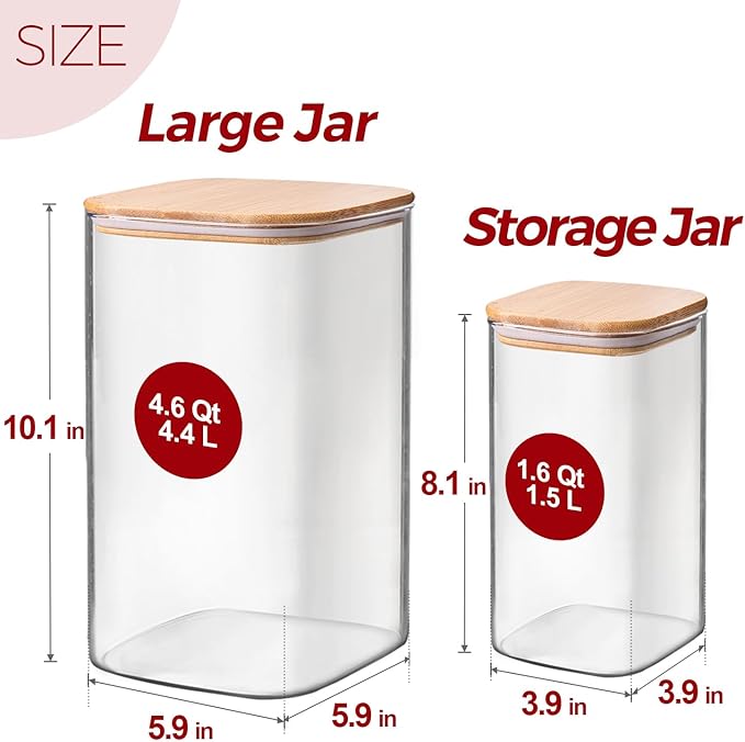Glass Flour and Sugar Containers, Square Glass Containers with Bamboo Lids, Gallon Jars with Bamboo Lids for Cookies, Coffee Beans （2 pack 1.6/4.6 qt）
