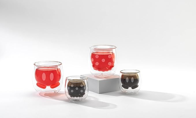 JoyJolt Mickey Pants and Minnie Skirt 3D 7.4oz Double Wall Glass Coffee Cups Set of 2, Disney Coffee Mug, Espresso and Tea Cups, Collection of Double Wall Glasses, Disney Gifts
