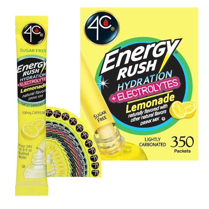 4C Powder Energy Rush Stix, Energy Rush - Lemonade Electrolyte 350 Count, Bulk Buy, Singles Stix, On the Go, Refreshing Water Flavorings, Value Pack