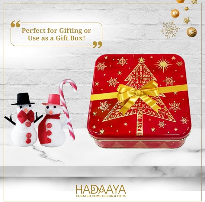 Metal Square Festive Christmas Cookie Tin with Lid | Festive Holiday Storage for Candy Snacks Holiday Christmas Party Decor Favor Gift Box RED GOLD JOY SNOWFLAKE
