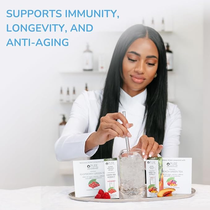 Pure Inventions - Green Tea Raspberry & Peach Water Infusion Drops -Antioxidants & Electrolytes -Health & Wellness -Immune Support -Sugar Free, Zero Calorie, No Artificial Sweeteners -30 Servings Each