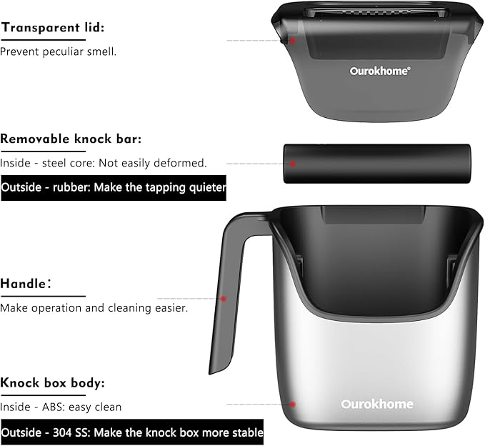 Ourokhome Knock Box Espresso Accessories, The Latest Patented Stainless Steel Espresso Machine Tool for Coffee Ground with Removable Knock Bar, Handle and Lid, Dishwasher safe, 4.8 inch