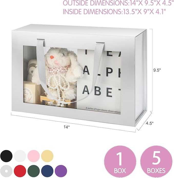 Large Silver Clear Gift Boxes, 13.5x9x4.1 Inches, 5 Pack with Windows by Handles, Magnetic Closure, Suitable for Various Occasions