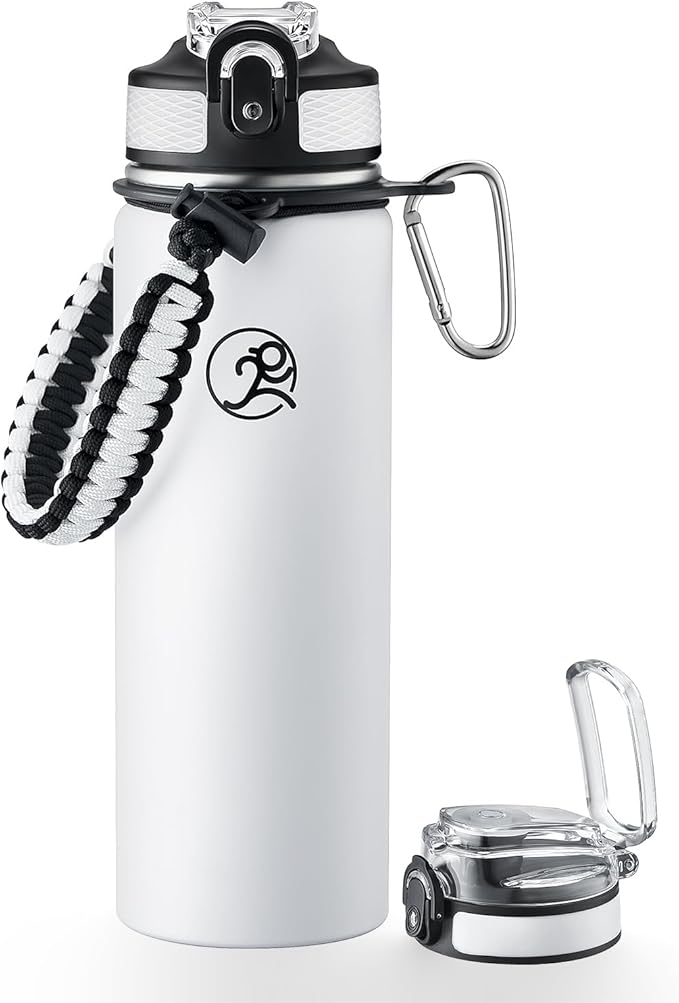 GOSWAG Insulated Sports Water Bottle, 24oz 2 Lids(with Straw/No Straw), Stainless Steel Water Bottles with Paracord Handle, Insulated Bottle with Double-Wall Vacuum Insulation