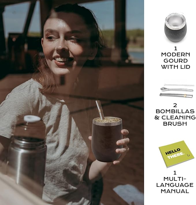 BALIBETOV 5 pcs large Yerba Mate Cup and Bombilla Kit, Includes one 12 oz Yerba Mate Gourd with Lid, Two Bombillas Mate Straw and one cleaning brush | Stainless steel | Double Walled