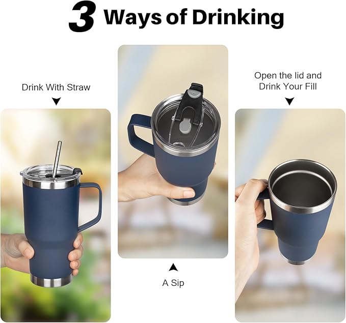 20 oz Tumbler with Handle, Stainless Steel Insulated Tumbler with Lid and Straw, Double Wall Vacuum Coffee Mug Tumbler, Insulated Coffee Thermal Cup for Cold and Hot (Navy Blue)