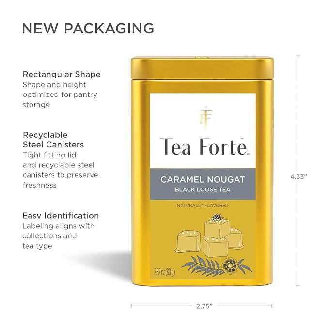 Tea Forte Caramel Nougat Premium Loose Leaf Caffeinated Black Tea Blend Canister, Makes 35-50 Cups