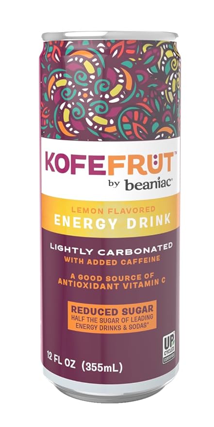 KOFEFRUT by beaniac Caffeinated Energy Drink, Lemon, Lightly Carbonated, Reduced Sugar, 80mg Caffeine, Polyphenols, Antioxidants, Vitamin C, 12 Fl Oz Can (Pack of 4)