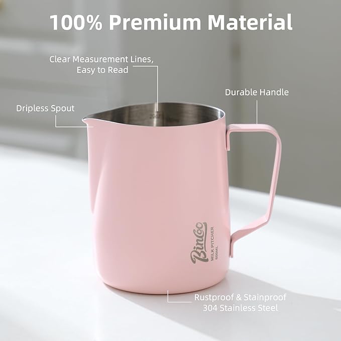 Pink Milk frother - 350ml/12OZ Milk Frothing Pitcher, Milk Frother Cup Espresso Steaming Pitcher for Barista, Bincoo 304 Stainless Steel Espresso Steaming Pitchers for Latte Art/Cappuccino/Coffee/Milk