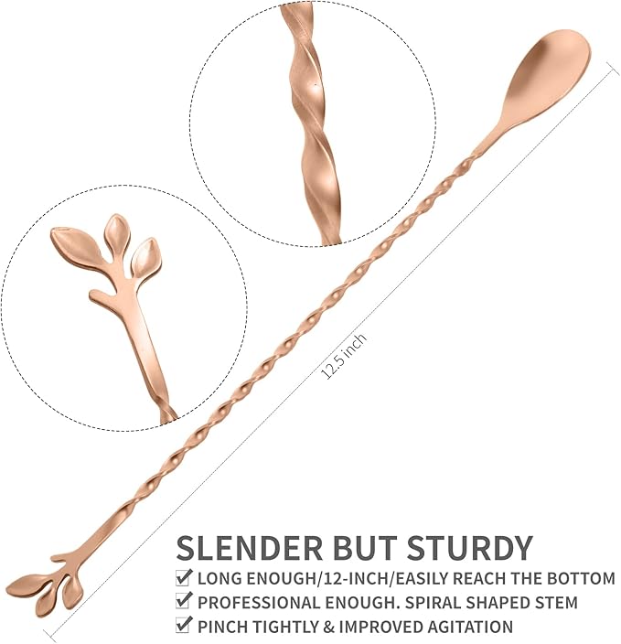 AnSaw Rose Gold 12-Inch Stainless Steel Cocktail Spoon with Leaf Handle - Perfect for Mixing & Layering Drinks in Tall Cups, Bar & Shakers - Durable Long Handle Bar Stirrer,2-Pieces