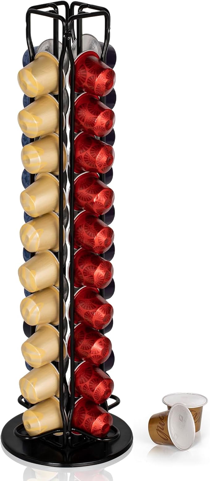 RECAPS Coffee Pod Holder Stand Compatible with Nespresso OriginalLine, Rotatable Coffee Capsules Carousel for 40 Pods, Space-Saving Countertop Storage Rack Organizer（Black）