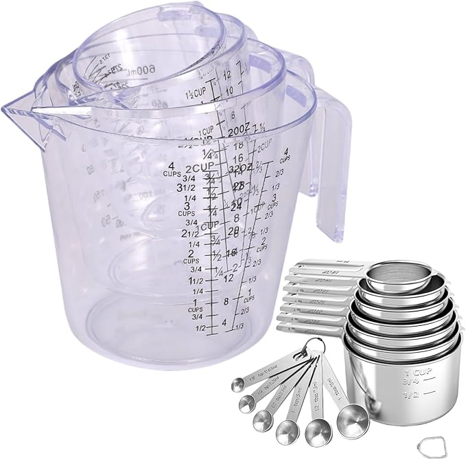 7x Stainless Steel Measuring Cups with 6x Measure Spoons Set,4x Plastic Measurings Cups for Liquids,Kitchen Gadgets for Cooking & Baking Utensils(17Pcs)