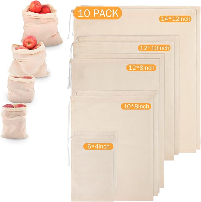 10 Pack Nut Milk Bag, Multi-size Fine Mesh Grade Reusable Cheesecloth Bags Strainers, Unbleached Organic Cotton Filter Bags for Almond Milk, Juices, ColdBrew, Cheese, Tea, Yogurt, Coffee