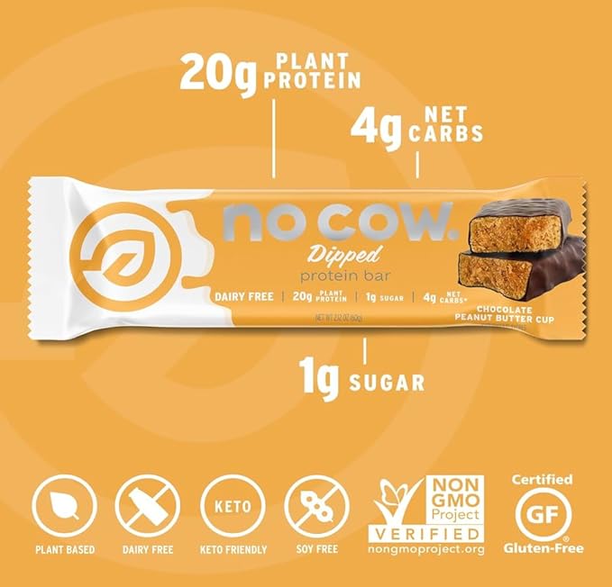 No Cow High Protein Bars, Dipped Variety Pack - Healthy Snack, 20g Vegan Protein, High Fiber, Low Sugar, Keto Friendly, Dairy & Gluten Free (12 Count)