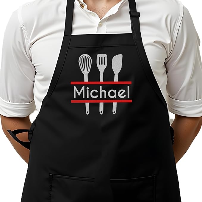 Personalized Chef Apron for Men, Custom Embroidered Design, Professional Kitchen Cooking BBQ Grilling for Dad, Decorated in USA