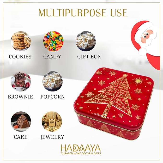 Pack of 2 Square Metal Christmas Cookie Tin Set, Red & Gold, Multipurpose Gift Tins, Durable Storage Solution for Cakes, Candies & More