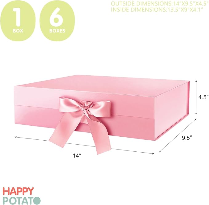 HAPPY POTATO 6 Large Gift Boxes for Presents with Lids 13.5x9x4.1 Inches, Pink Gift Boxes with Ribbon, Bridesmaid Proposal Boxes, Magnetic Gift Wrap Boxes for Wedding (Glossy Pink, Pack of 6)