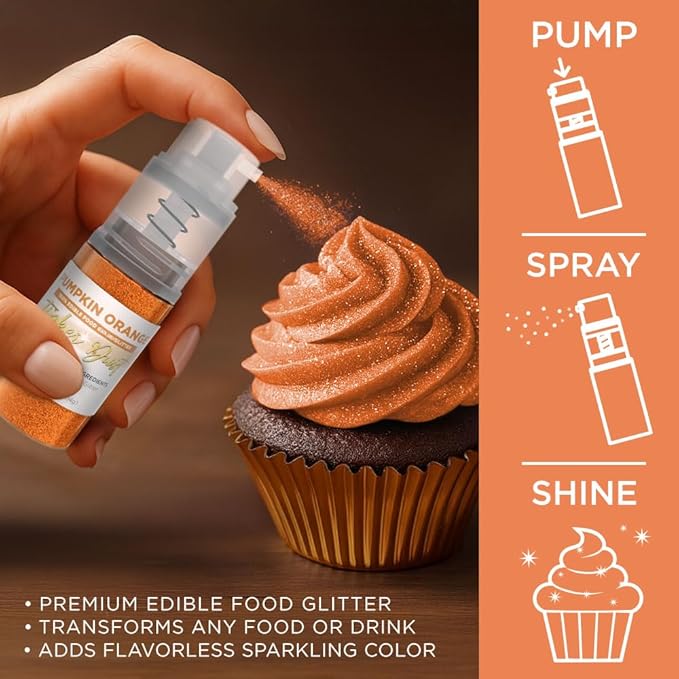 Bakell - Pumpkin Orange Tinker Dust (4g, 1x Mini Spray Pump) Edible Glitter for Food, Desserts, and Beverages!