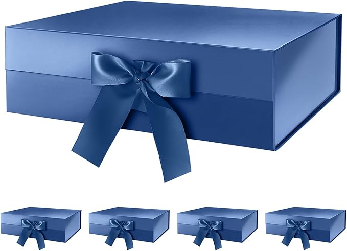 HAPPY POTATO 5 Large Gift Boxes with Ribbon 13.5x9x4.1 Inches, Blue Gift Boxes with Lids, Groomsmen Proposal Boxes, Magnetic Boxes for presents (Glossy Blue, Pack of 5)