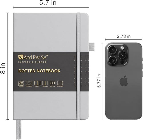 &And Per Se Dotted Journal Notebook, A5 Hardcover Leather Bullet Dotted Journal, 160 Pages 100 gsm Thick Dotted Paper，3 Sheets of Stickers Included - 5.7'' x 8''（Grey）