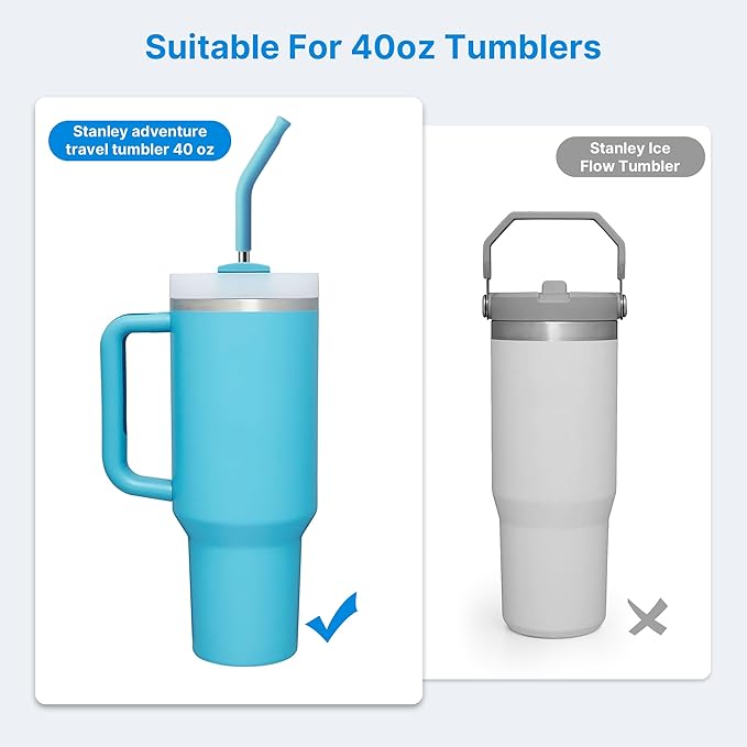 2 Pcs Stainless Steel Straws for 40 oz Stanley Tumbler, Replacement 40 oz Stanley Cup Straw Accessories with Silicone Tips and Cleaning Brush (Sky Blue)
