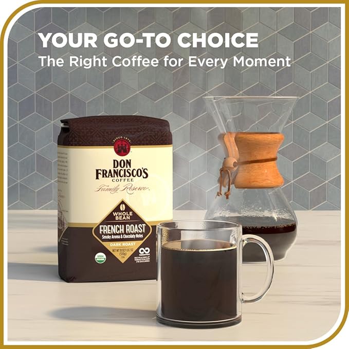 Don Francisco's Organic French Roast Whole Bean Coffee, Dark Roast – 100% Arabica, 18 oz Bag, Premium Coffee for Drip, Pour Over and French Press